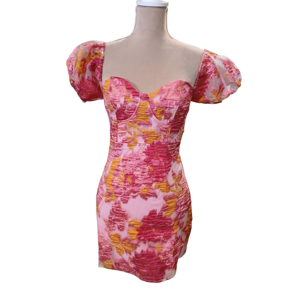 Lulus Corset Pink Floral Puff Mesh Sleeve Off Shoulder Mini Dress Milkmaid NWT